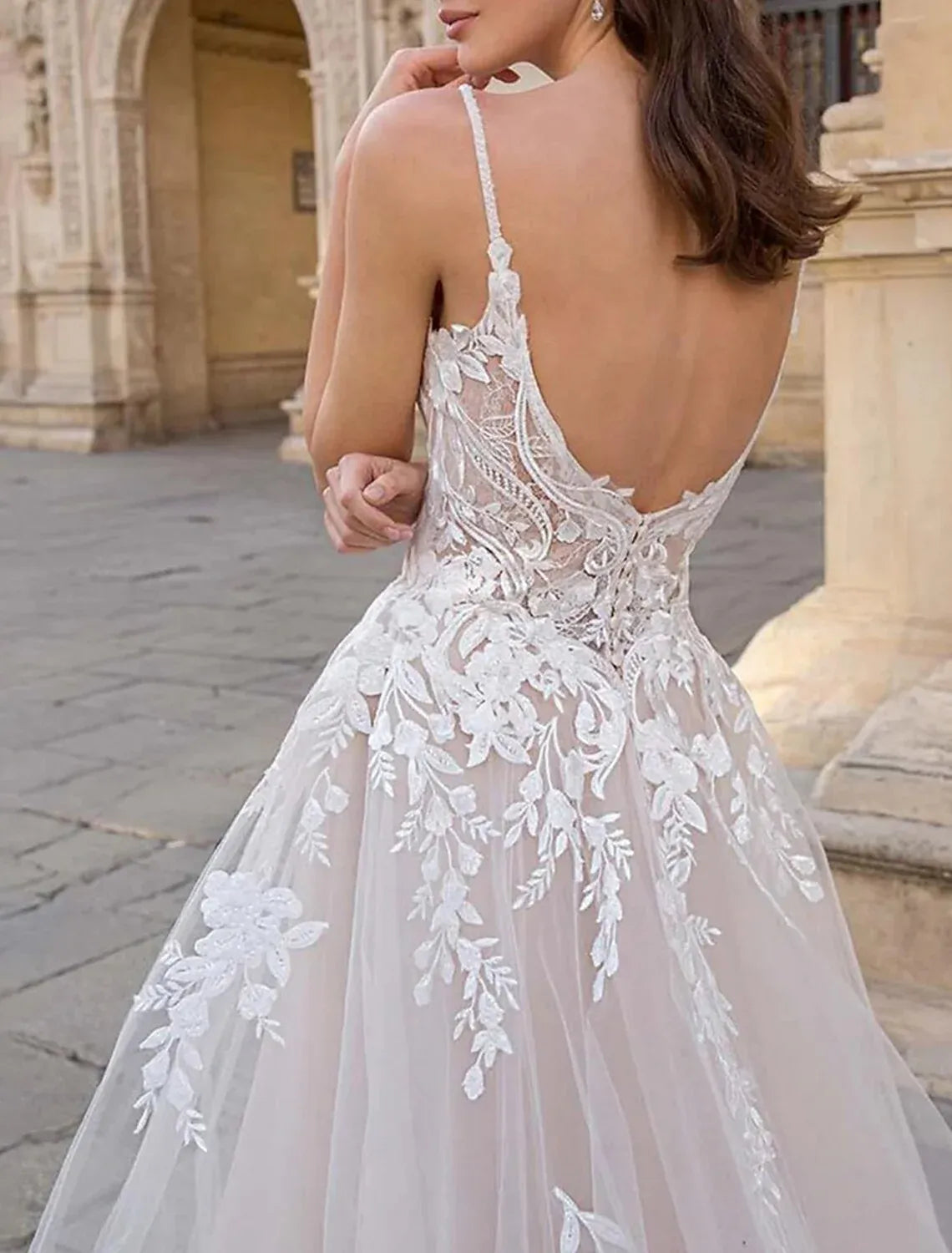Spaghetti‑Strap 3D Floral‑Lace Champagne‑Tulle A‑Line Wedding Dress With Low‑Back Detail