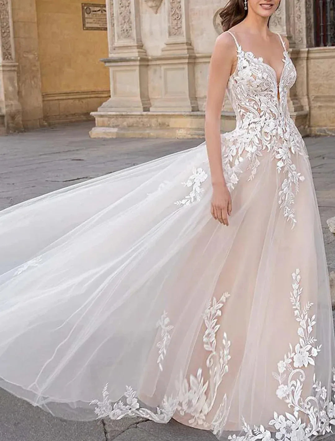 Spaghetti‑Strap 3D Floral‑Lace Champagne‑Tulle A‑Line Wedding Dress With Low‑Back Detail
