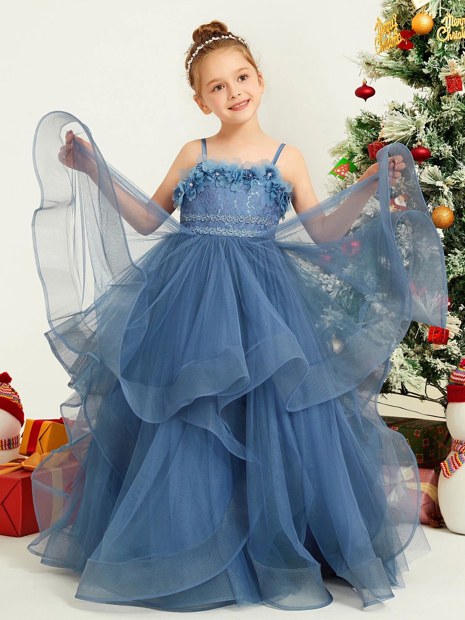 Spaghetti Strap 3D Floral Lace Tiered Ruffle Dusty Blue Tulle Floor Length Flower Girl Dresses