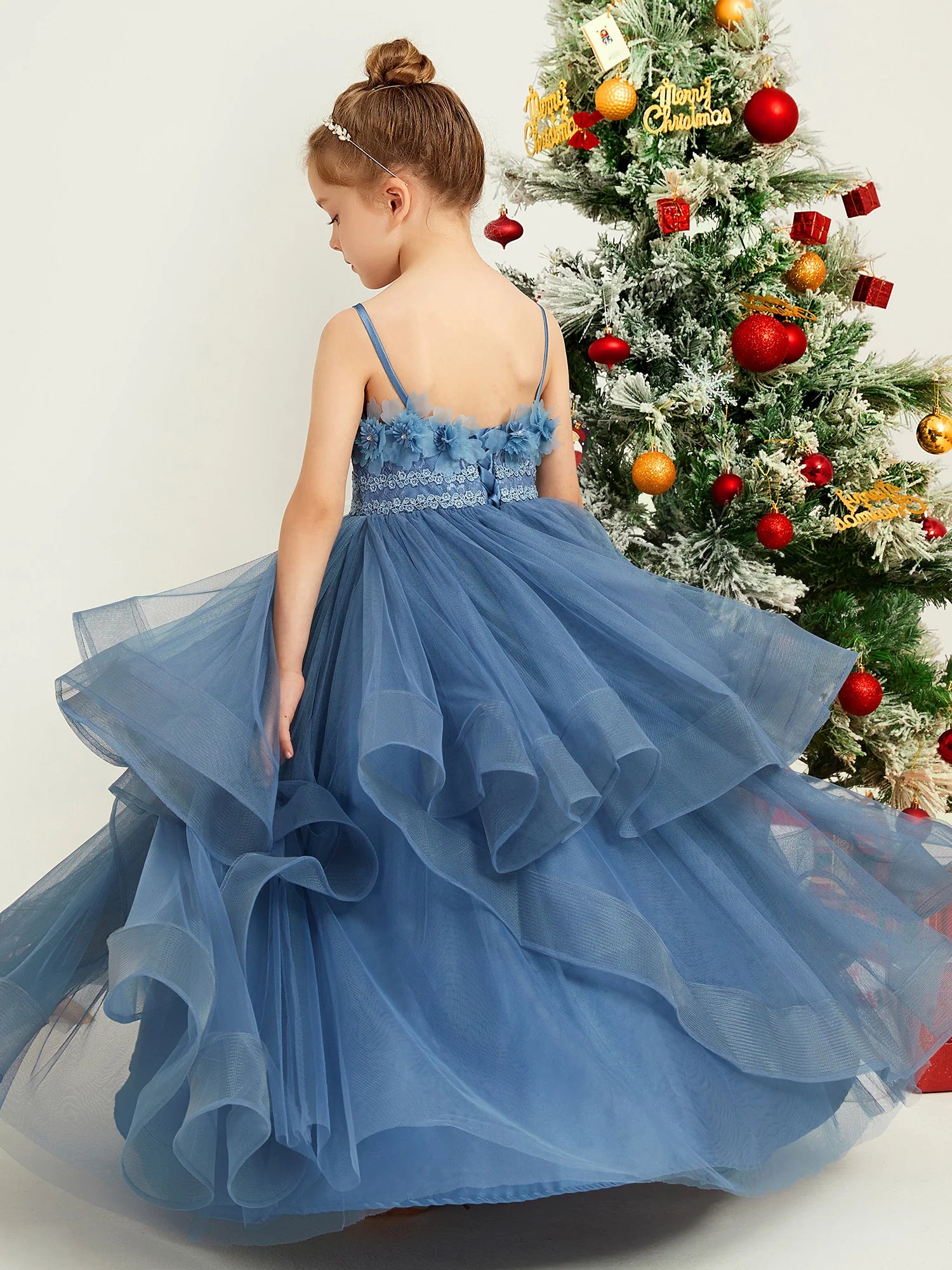 Spaghetti Strap 3D Floral Lace Tiered Ruffle Dusty Blue Tulle Floor Length Flower Girl Dresses