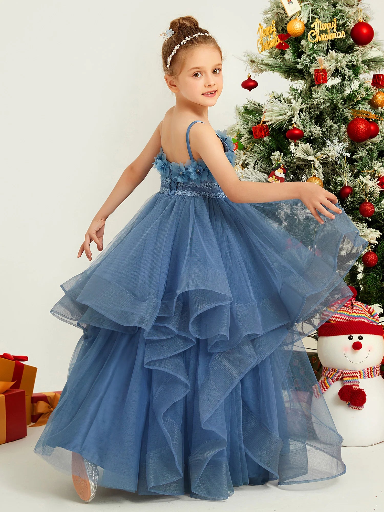 Spaghetti Strap 3D Floral Lace Tiered Ruffle Dusty Blue Tulle Floor Length Flower Girl Dresses