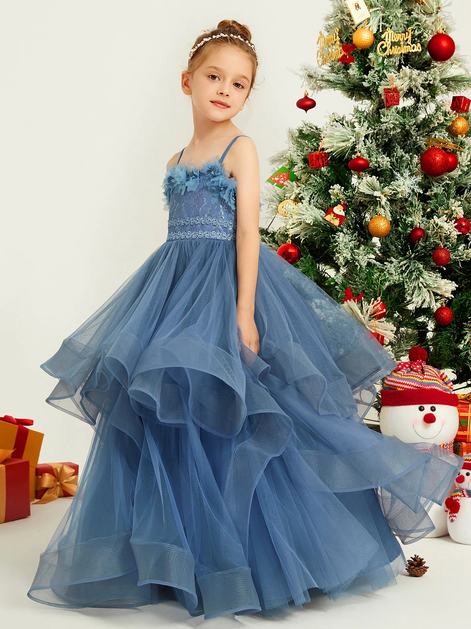 Spaghetti Strap 3D Floral Lace Tiered Ruffle Dusty Blue Tulle Floor Length Flower Girl Dresses