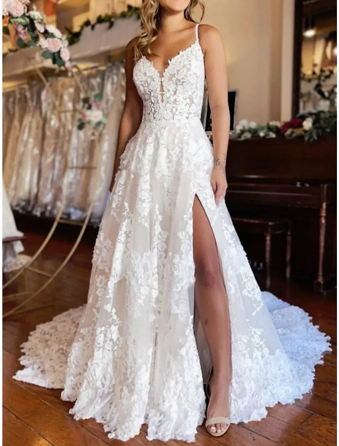 Spaghetti‑Strap 3D Floral‑Lace Tulle A‑Line Wedding Dress With High Slit & Low‑Back Detail