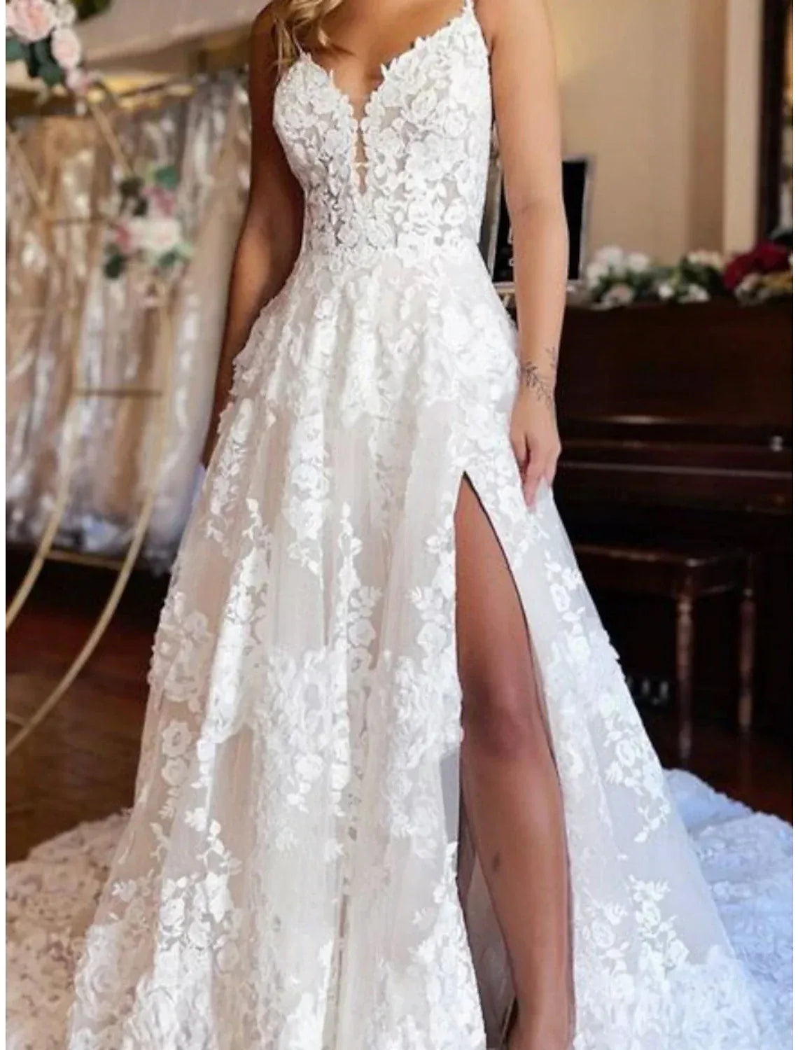 Spaghetti‑Strap 3D Floral‑Lace Tulle A‑Line Wedding Dress With High Slit & Low‑Back Detail
