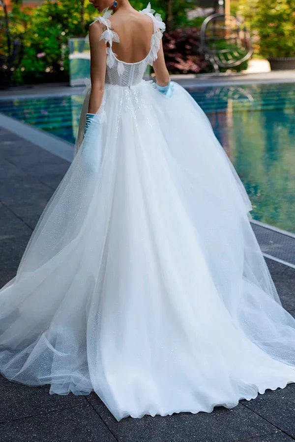 Spaghetti Strap 3D Floral Pleated Beaded Glitter Tulle Ballgown Wedding Dress