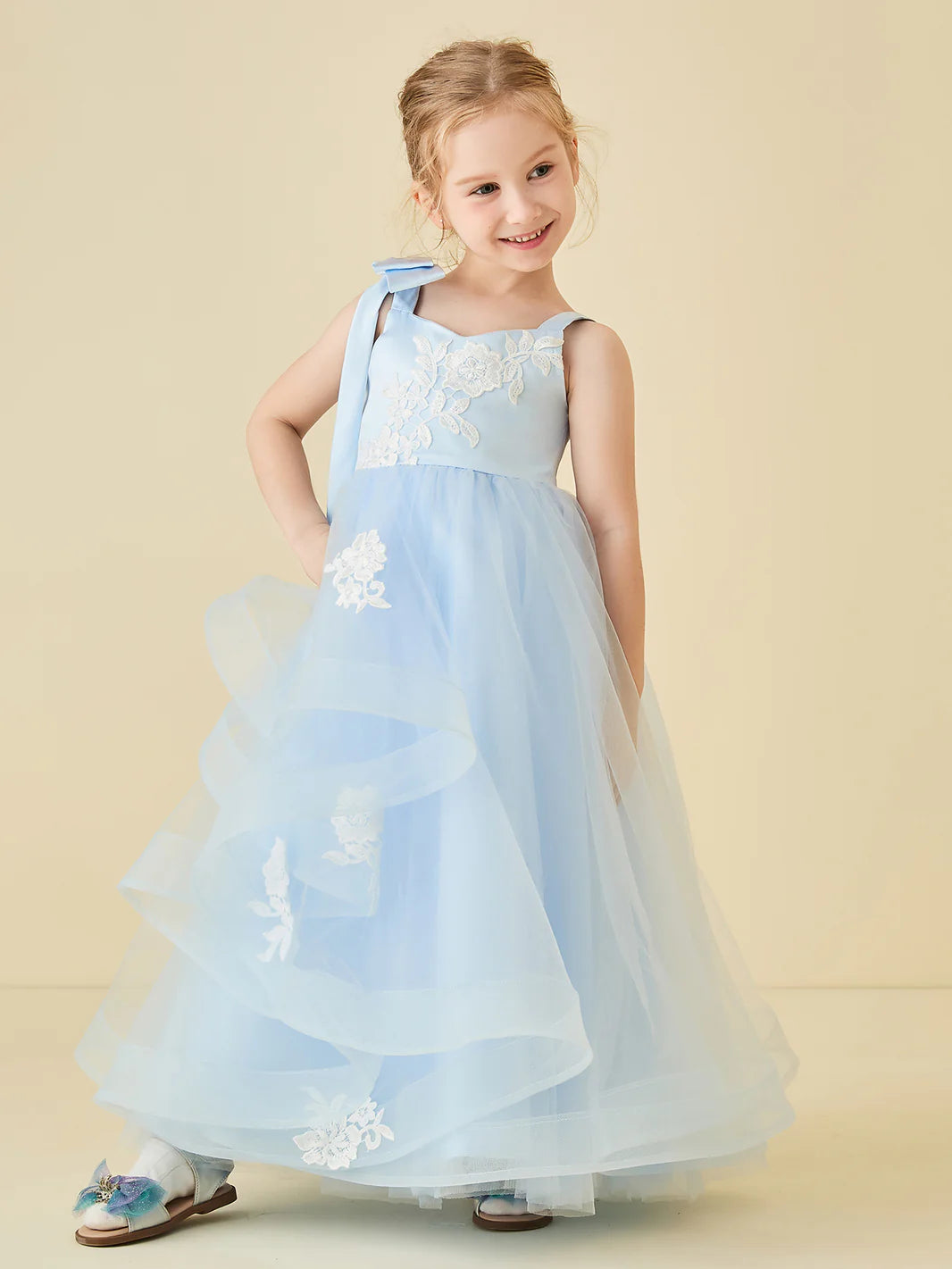 Spaghetti Strap Big Bow White Floral Applique Light Blue Ruffle Tulle Floor Length Flower Girl Dresses