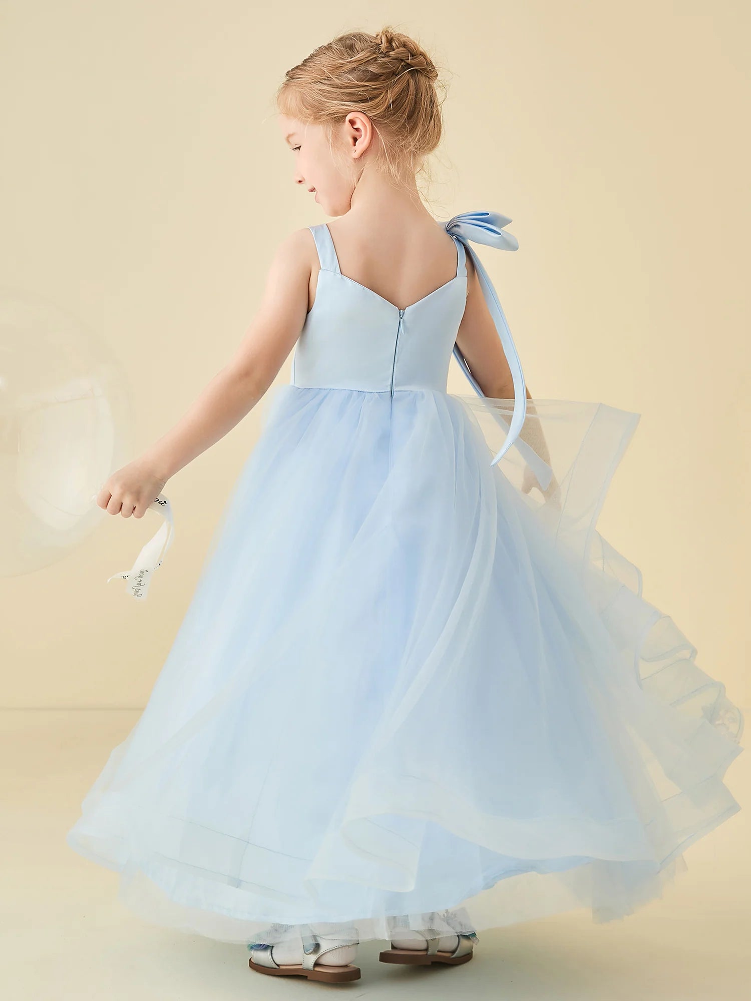 Spaghetti Strap Big Bow White Floral Applique Light Blue Ruffle Tulle Floor Length Flower Girl Dresses
