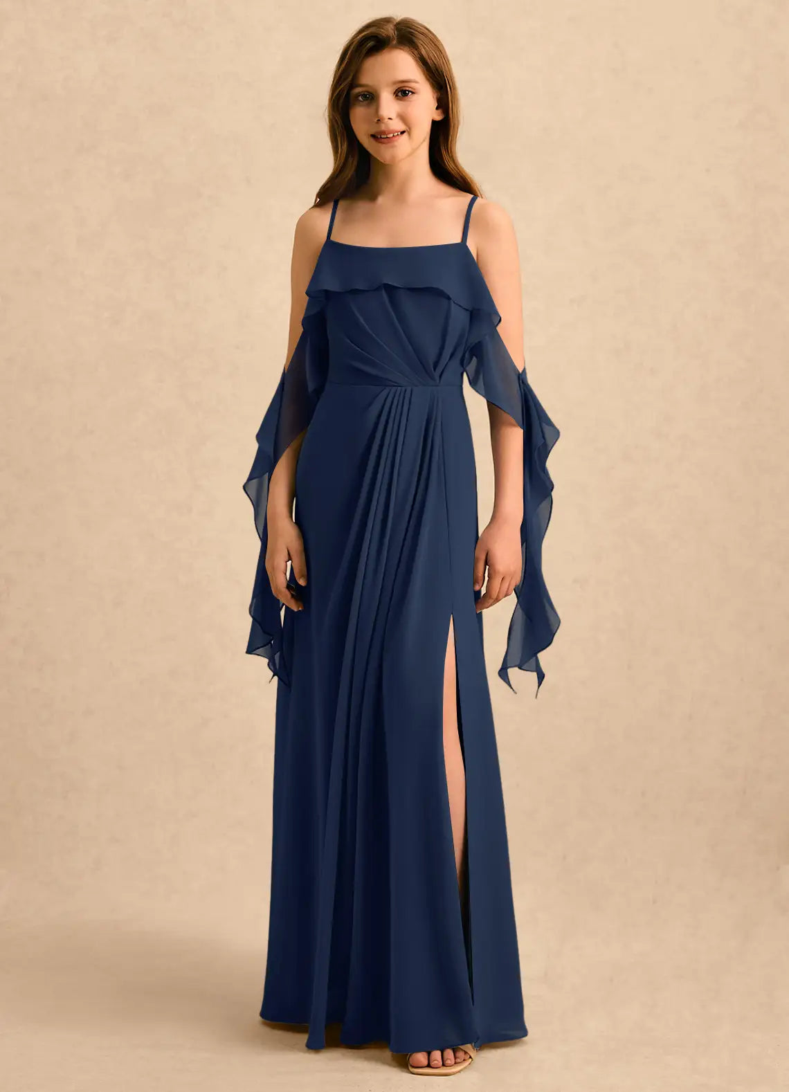 Spaghetti Strap Cold Shoulder Navy Blue Chiffon Full-Length Junior Bridesmaid Dresses with Side Slit