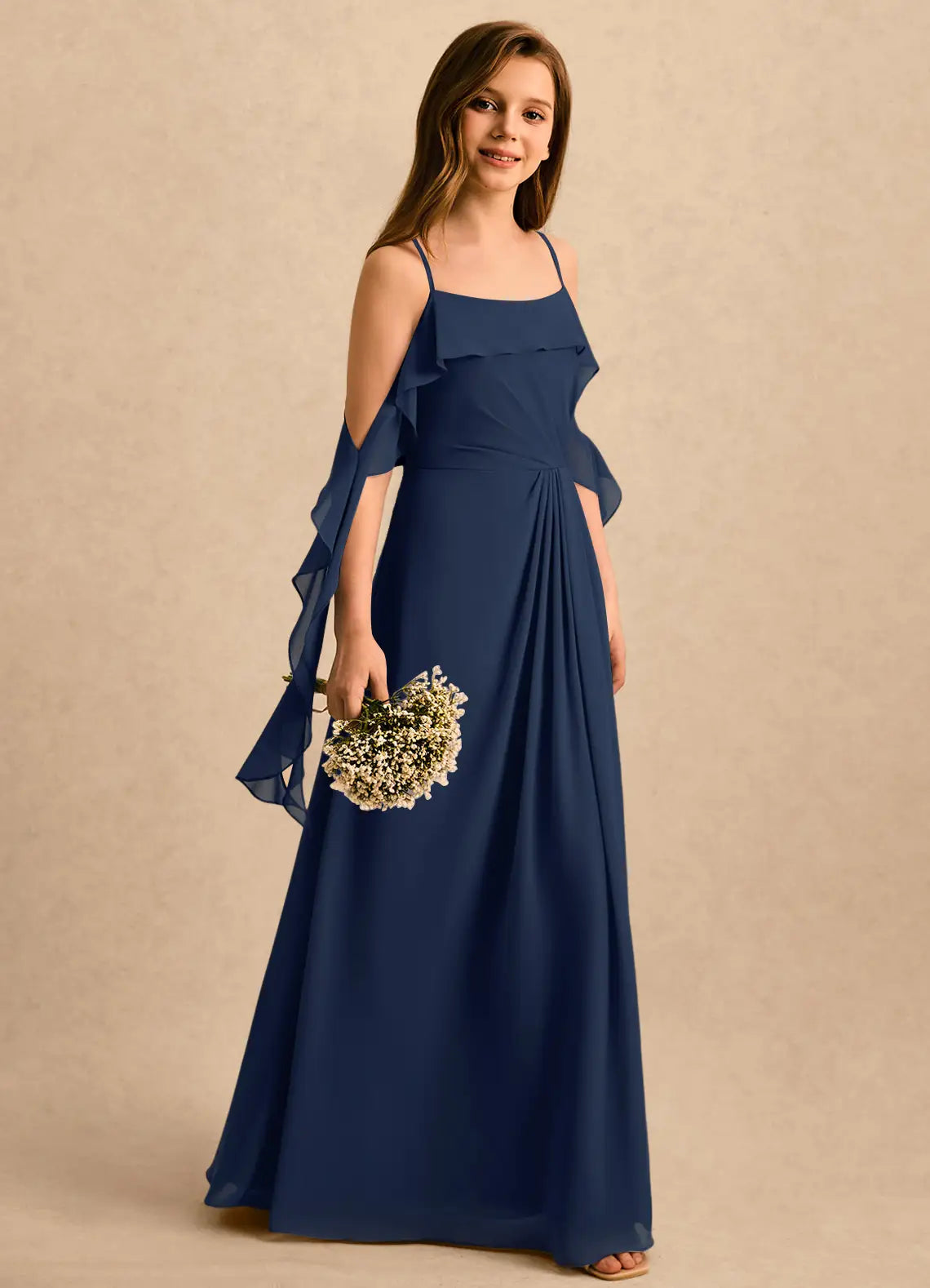 Spaghetti Strap Cold Shoulder Navy Blue Chiffon Full-Length Junior Bridesmaid Dresses with Side Slit