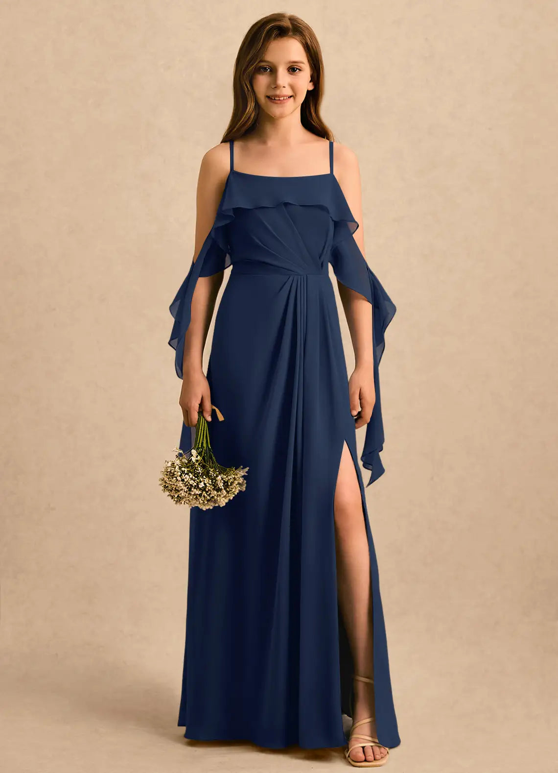 Spaghetti Strap Cold Shoulder Navy Blue Chiffon Full-Length Junior Bridesmaid Dresses with Side Slit