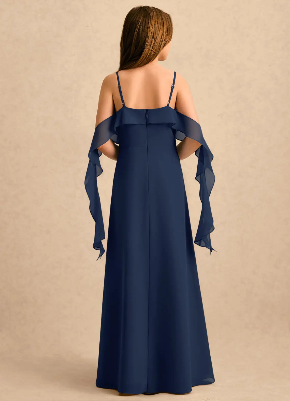 Spaghetti Strap Cold Shoulder Navy Blue Chiffon Full-Length Junior Bridesmaid Dresses with Side Slit