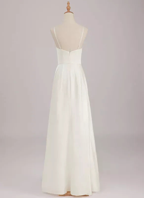 Spaghetti‑Strap Cowl‑Neck Draped‑Side Satin A‑Line Wedding Dress With High‑Slit Detail