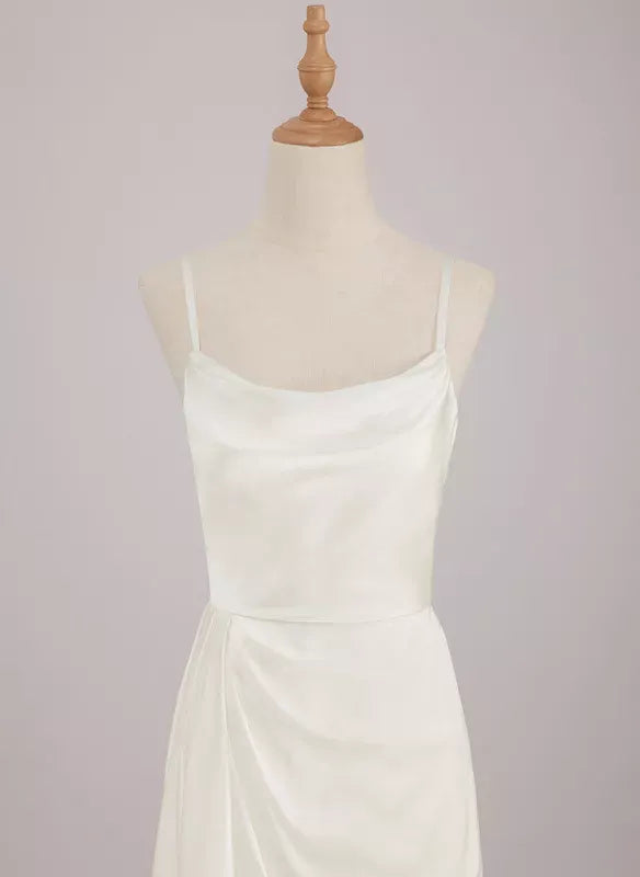 Spaghetti‑Strap Cowl‑Neck Draped‑Side Satin A‑Line Wedding Dress With High‑Slit Detail