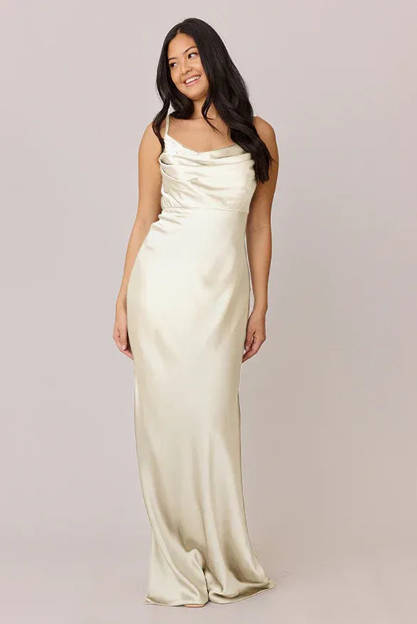 Spaghetti Strap Cowl Neck High Slit Mermaid Satin Long Bridesmaid Dress