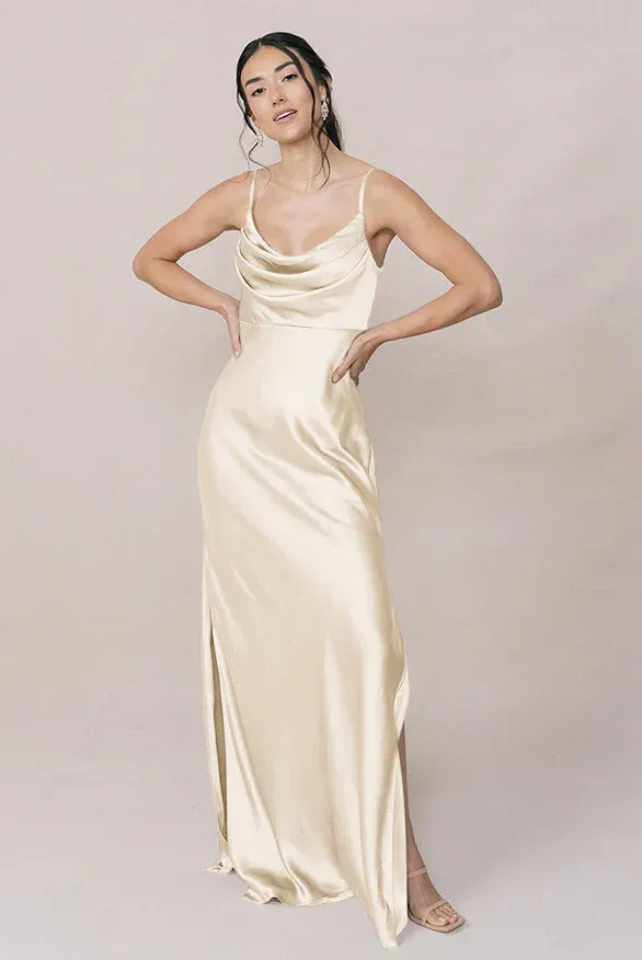 Spaghetti Strap Cowl Neck High Slit Mermaid Satin Long Bridesmaid Dress