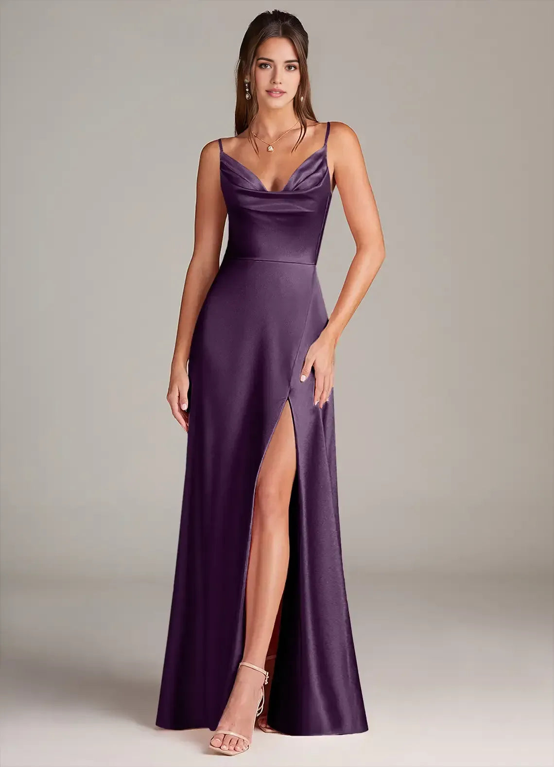 Spaghetti Strap Cowl Neck High Slit Satin Mermaid Long Bridesmaid Dress