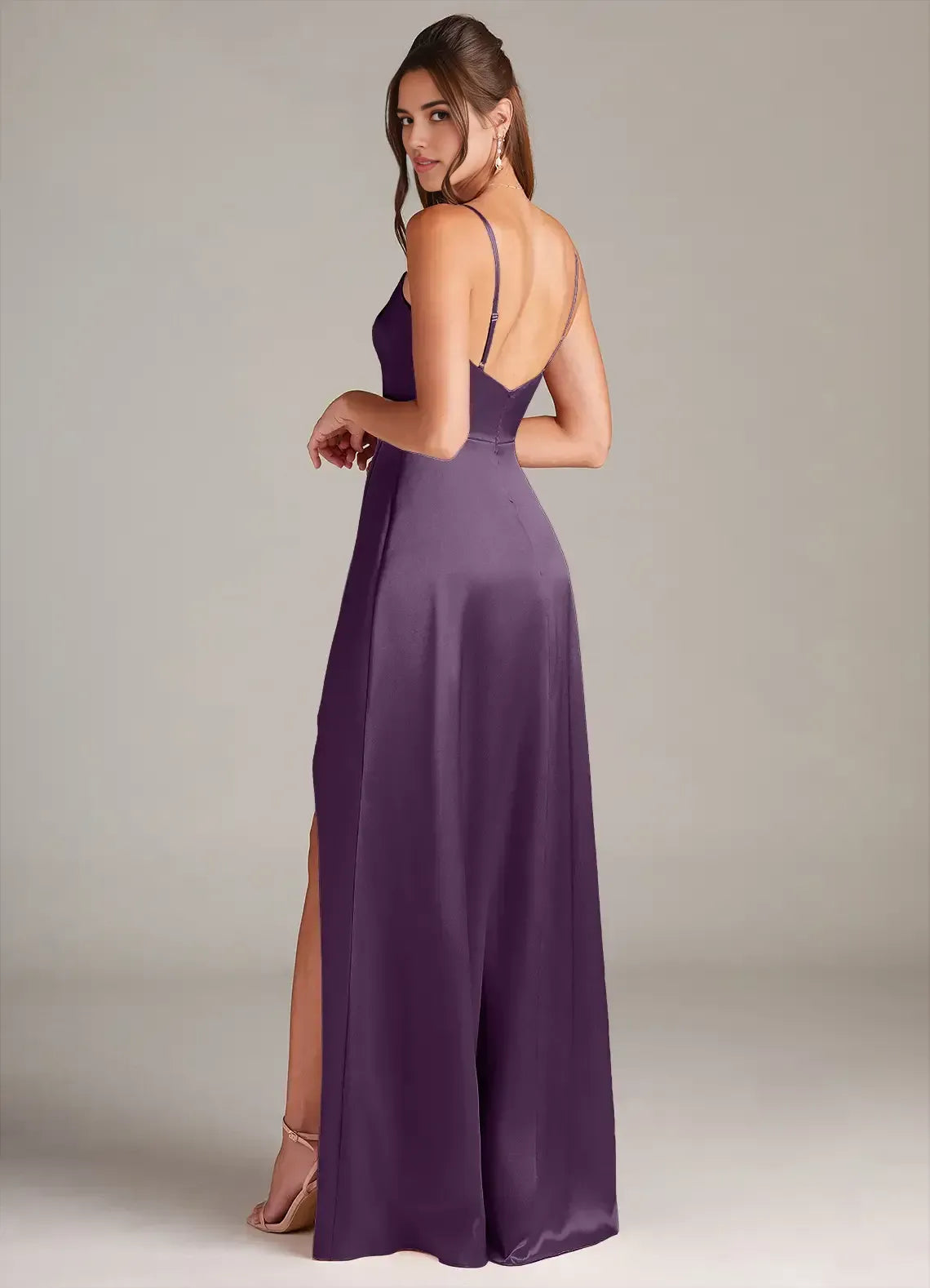 Spaghetti Strap Cowl Neck High Slit Satin Mermaid Long Bridesmaid Dress