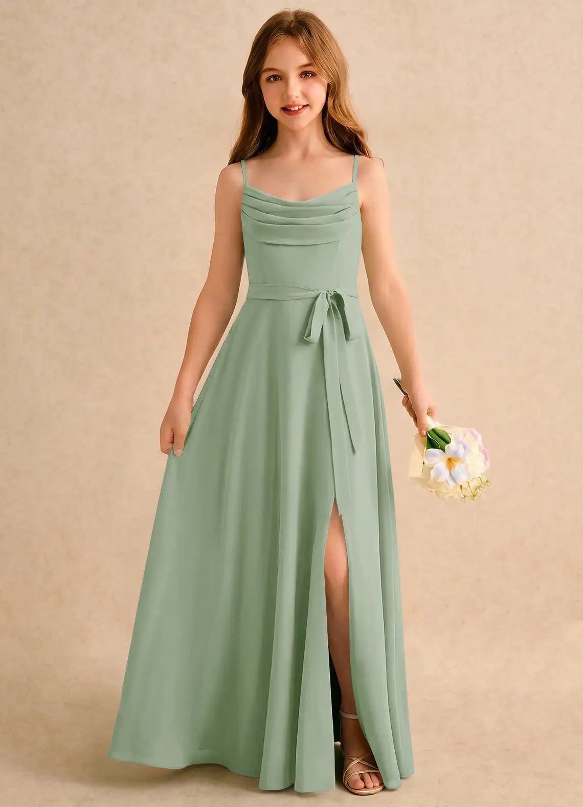 Spaghetti Strap Cowl Neck Sage Green Chiffon Full-Length Junior Bridesmaid Dresses with Waist Sash and Side Slit