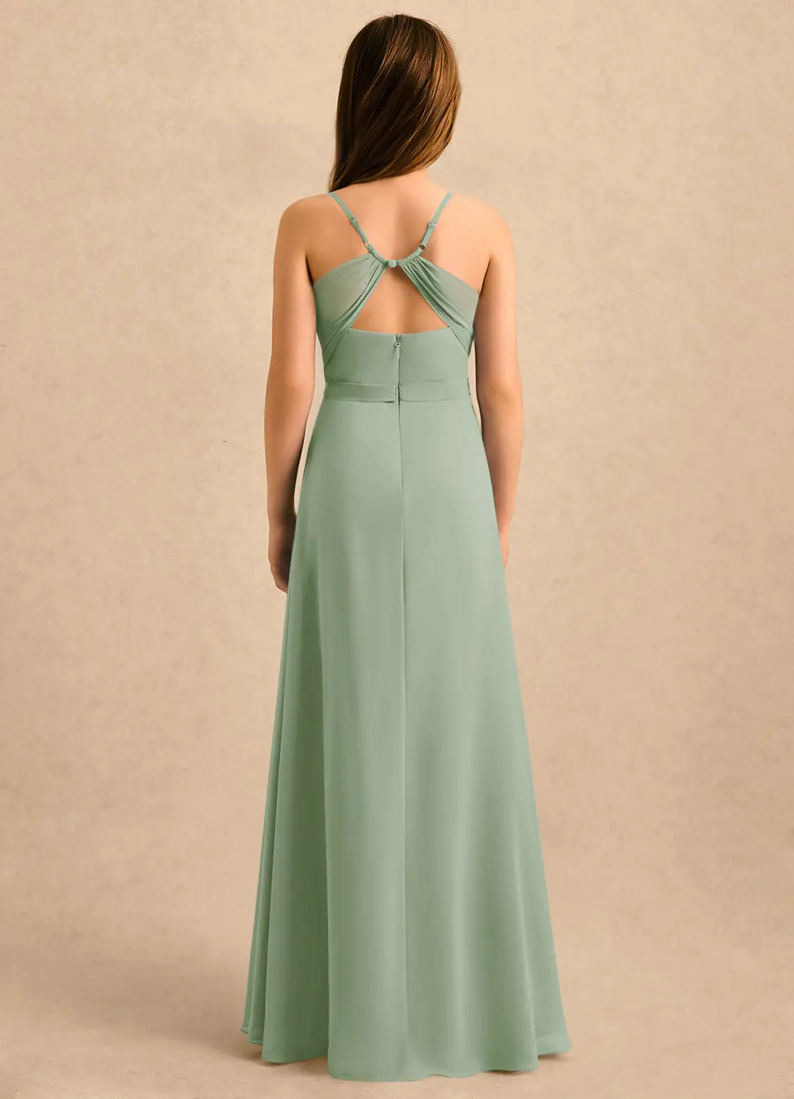 Spaghetti Strap Cowl Neck Sage Green Chiffon Full-Length Junior Bridesmaid Dresses with Waist Sash and Side Slit
