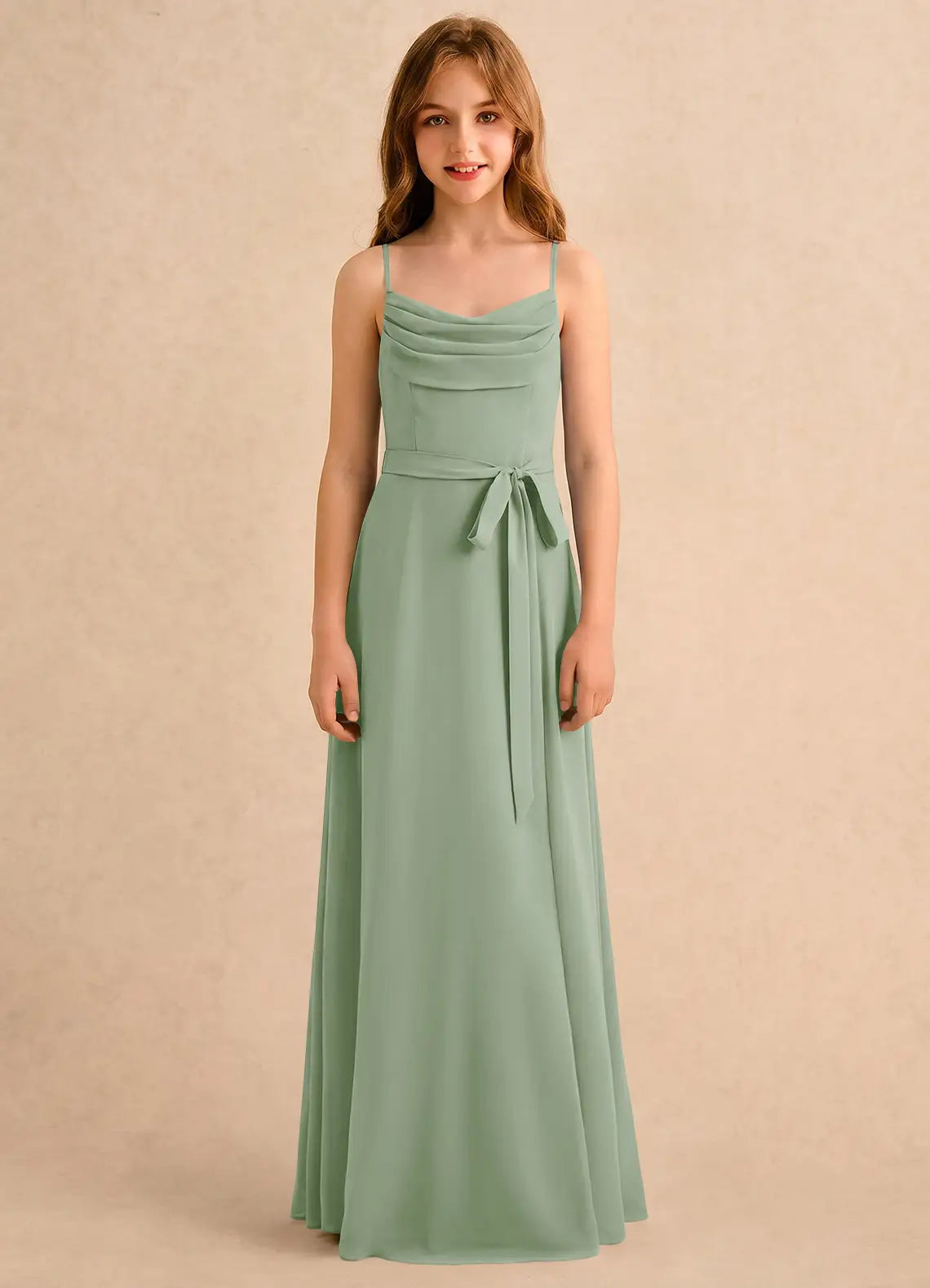 Spaghetti Strap Cowl Neck Sage Green Chiffon Full-Length Junior Bridesmaid Dresses with Waist Sash and Side Slit
