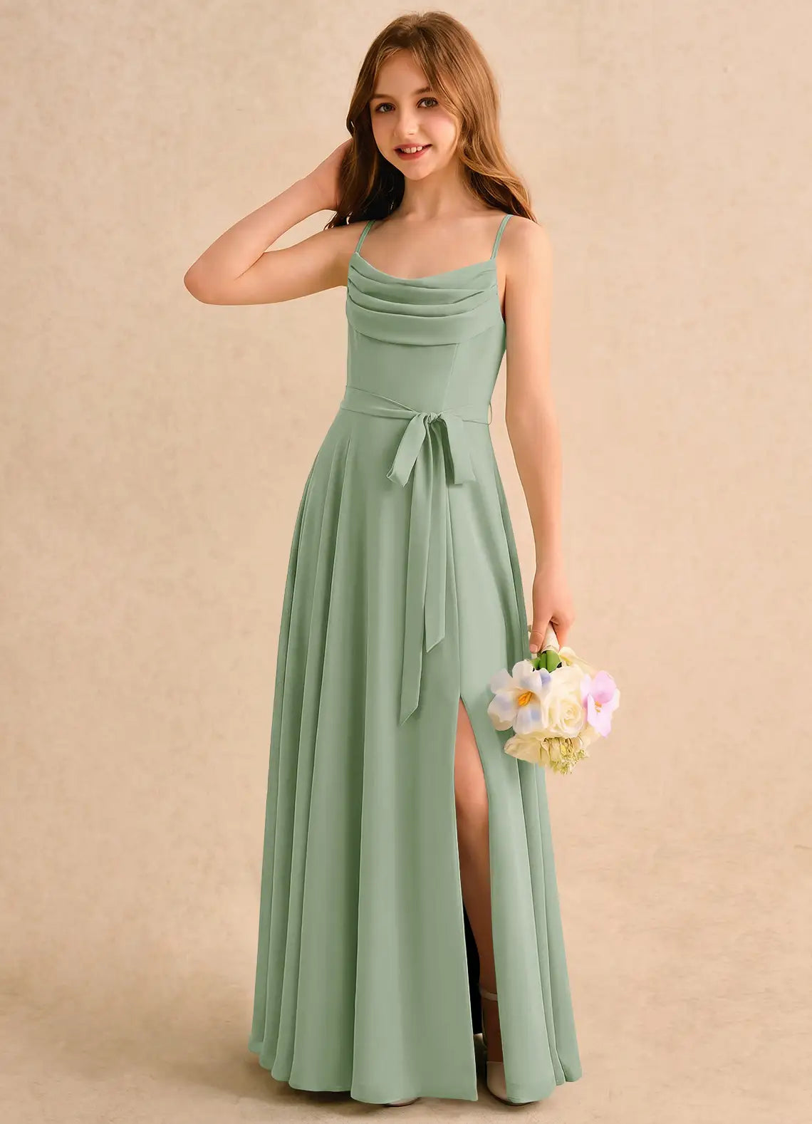 Spaghetti Strap Cowl Neck Sage Green Chiffon Full-Length Junior Bridesmaid Dresses with Waist Sash and Side Slit