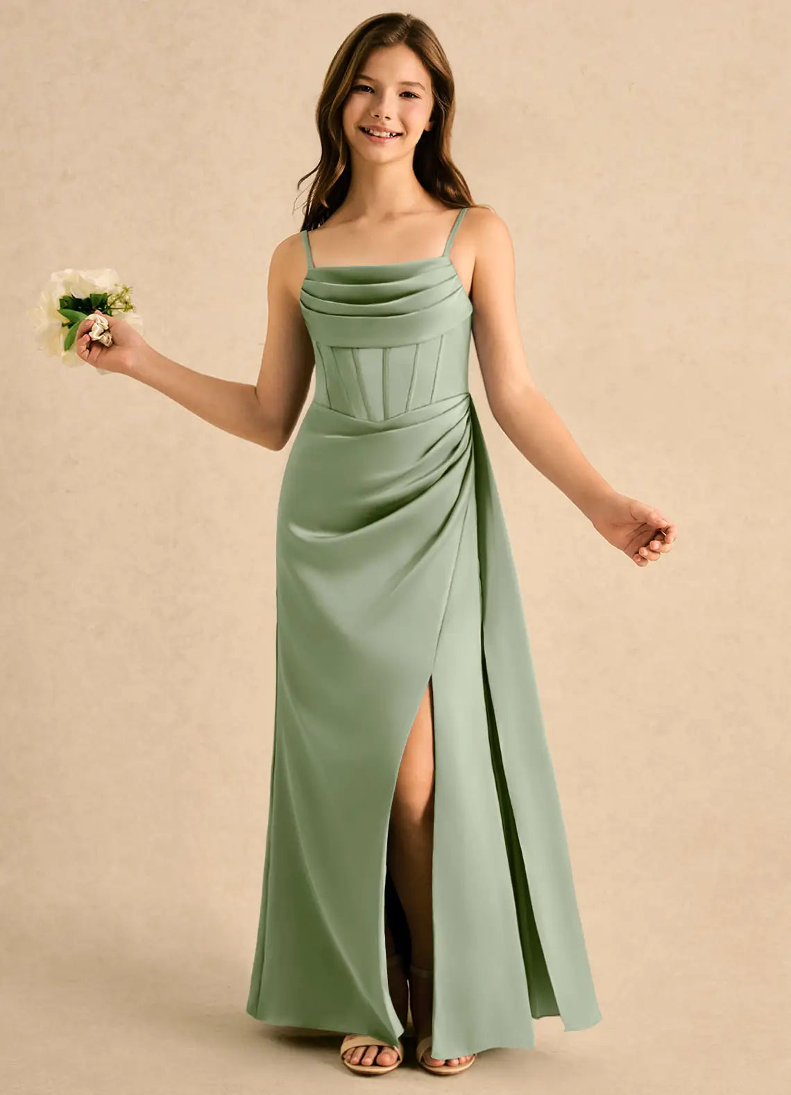 Spaghetti Strap Cowl Neck Sage Green Satin Full-Length Junior Bridesmaid Dresses with Corset Bodice & Side Slit