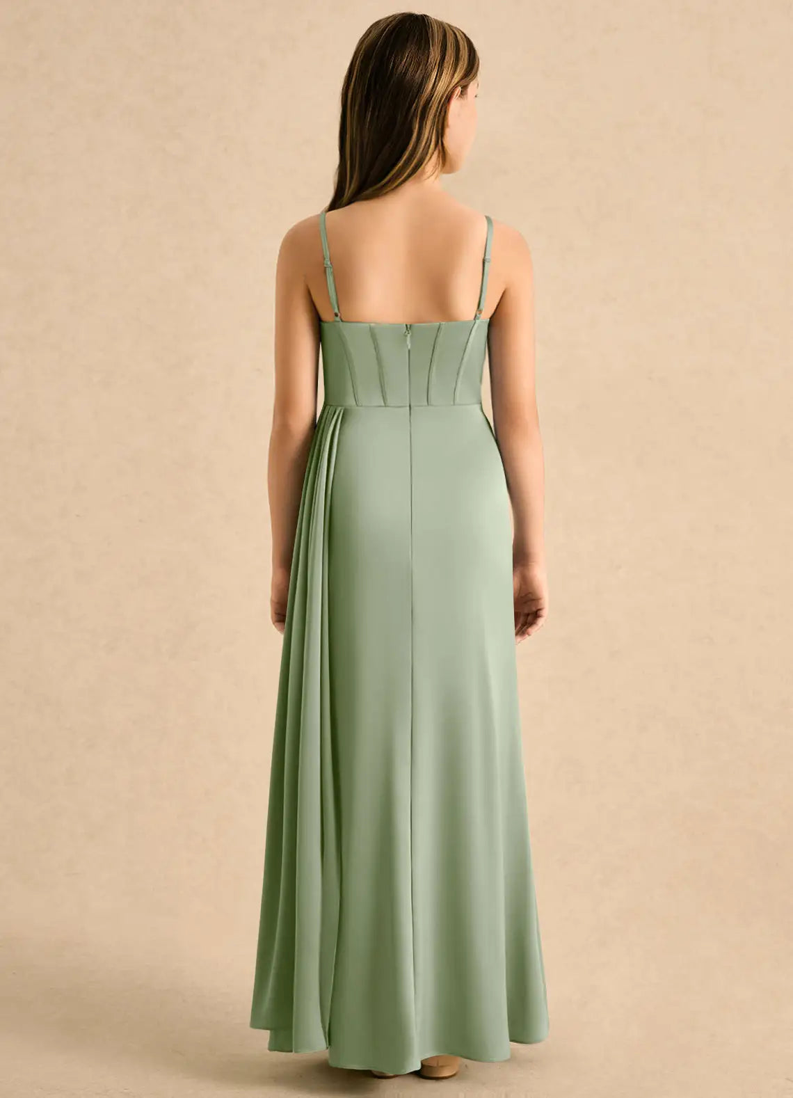 Spaghetti Strap Cowl Neck Sage Green Satin Full-Length Junior Bridesmaid Dresses with Corset Bodice & Side Slit