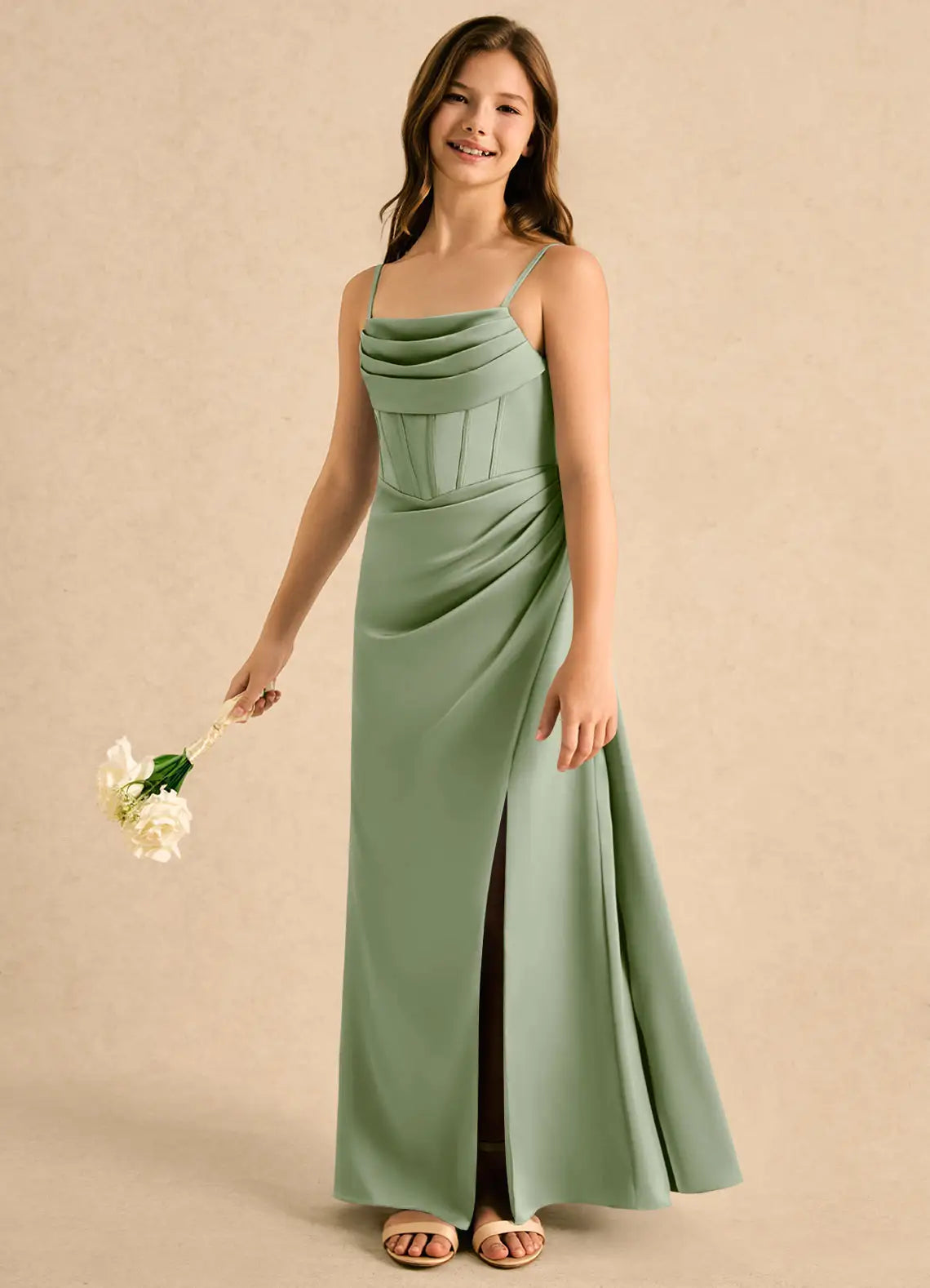 Spaghetti Strap Cowl Neck Sage Green Satin Full-Length Junior Bridesmaid Dresses with Corset Bodice & Side Slit