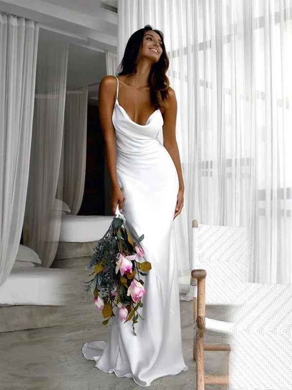 Spaghetti‑Strap Cowl‑Neck Satin Mermaid Wedding Dress With Open‑Tie‑Back Detail