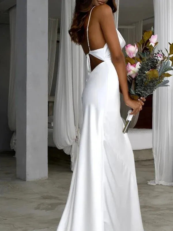 Spaghetti‑Strap Cowl‑Neck Satin Mermaid Wedding Dress With Open‑Tie‑Back Detail