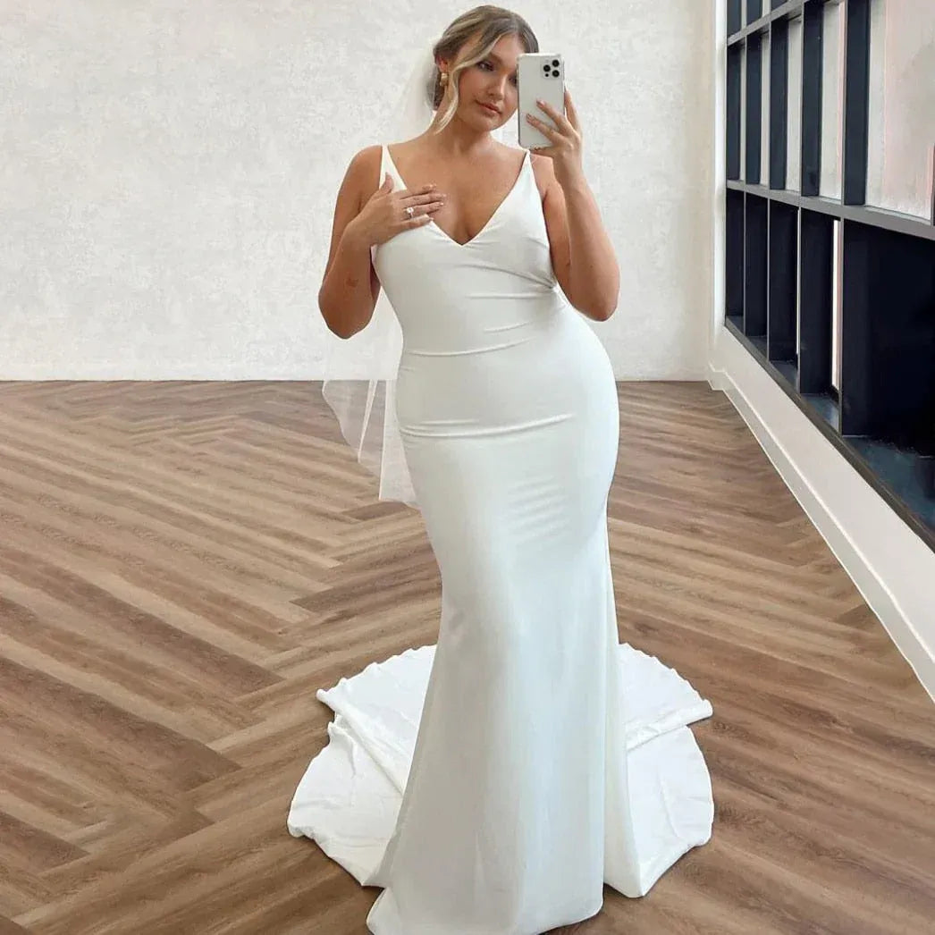 Spaghetti Strap Deep Cowl Back Solid Satin Mermaid Wedding Dress With Button Train