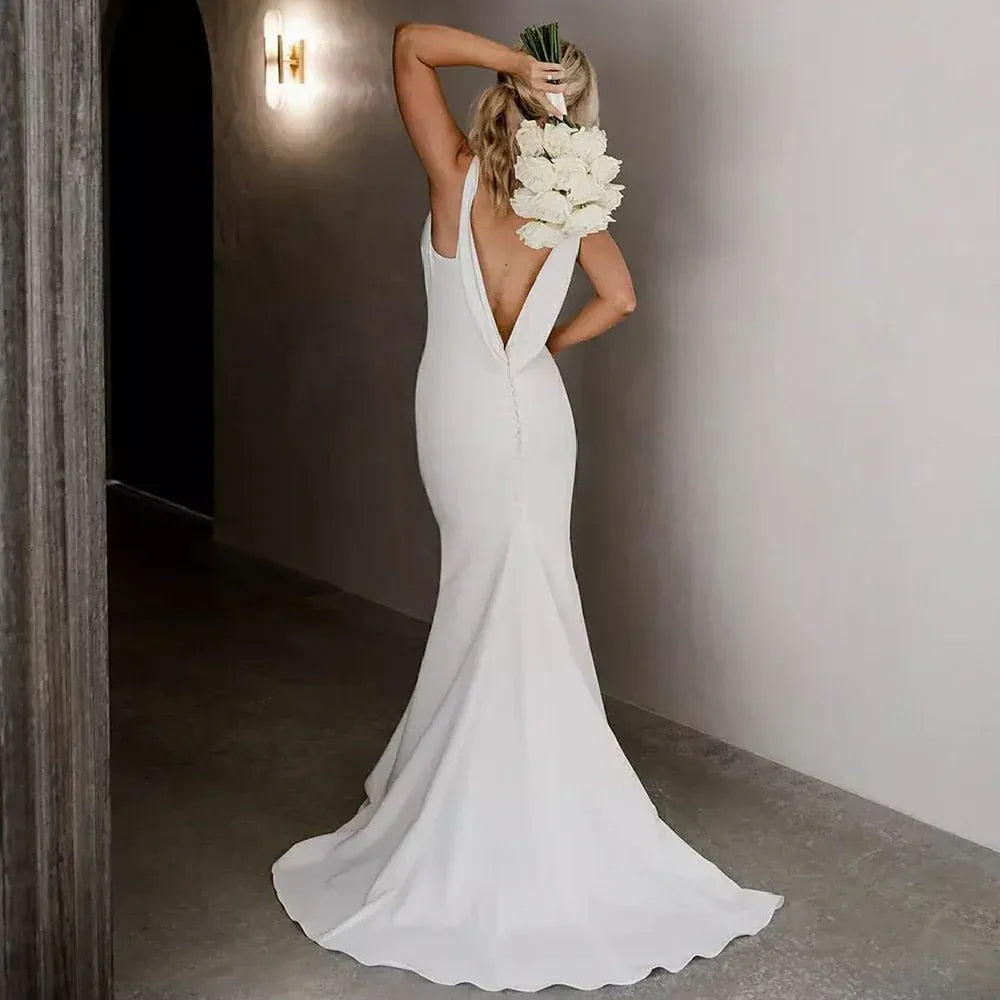 Spaghetti Strap Deep Cowl Back Solid Satin Mermaid Wedding Dress With Button Train