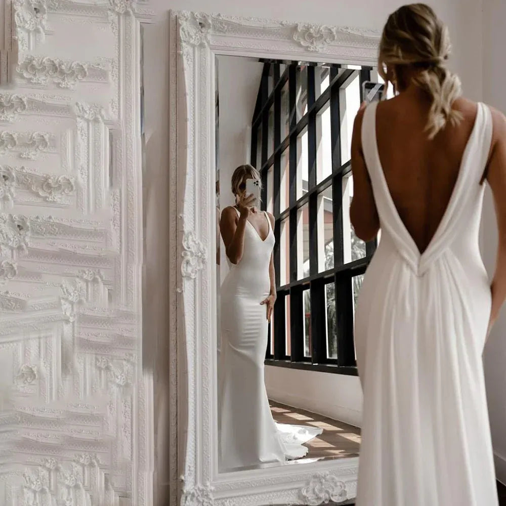 Spaghetti Strap Deep Cowl Back Solid Satin Mermaid Wedding Dress With Button Train