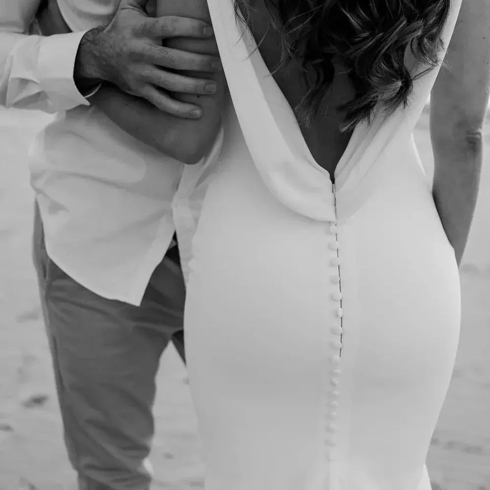 Spaghetti Strap Deep Cowl Back Solid Satin Mermaid Wedding Dress With Button Train