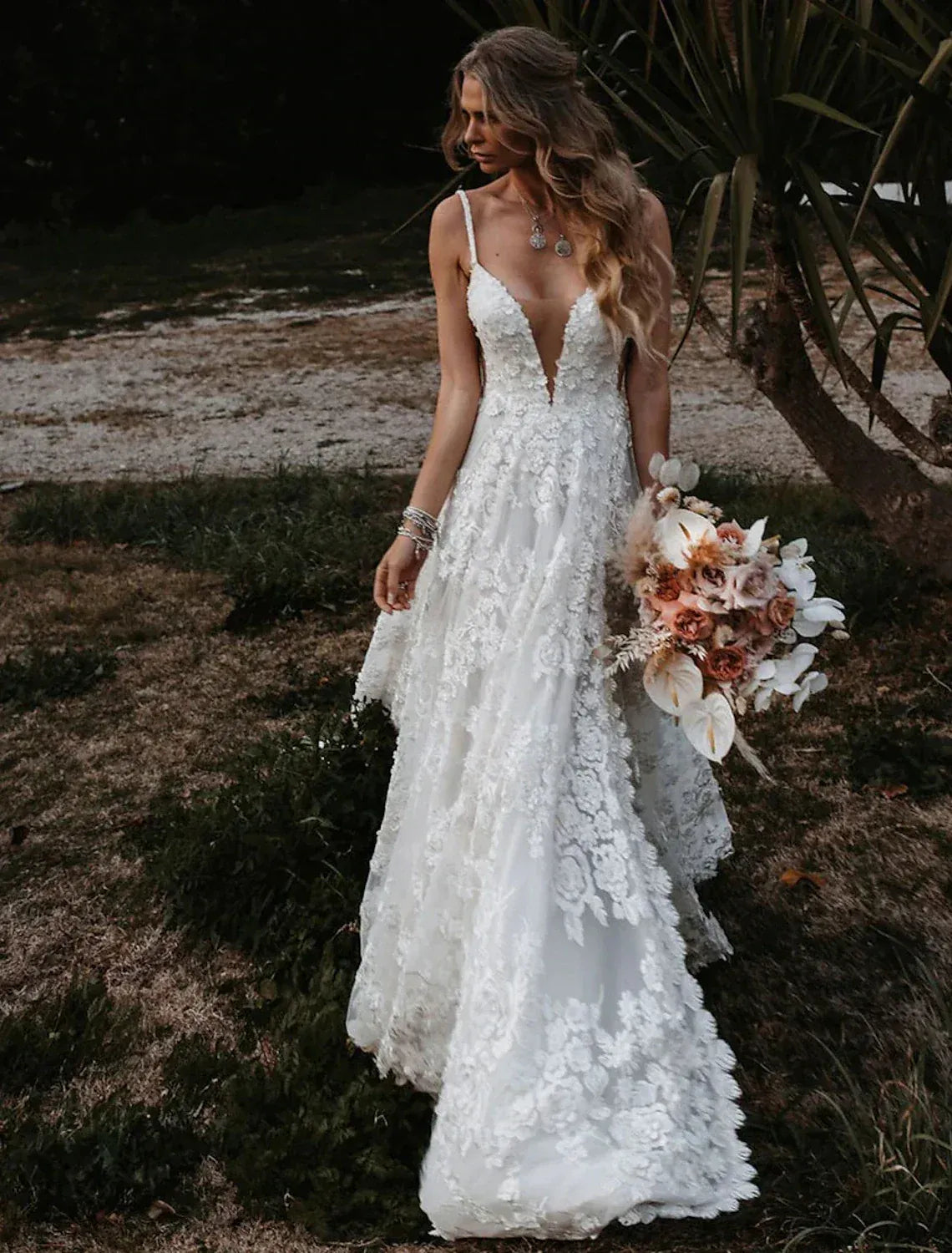 Spaghetti‑Strap Deep‑Plunge 3D‑Floral‑Lace A‑Line Wedding Dress With High‑Slit & Low‑V‑Back Detail