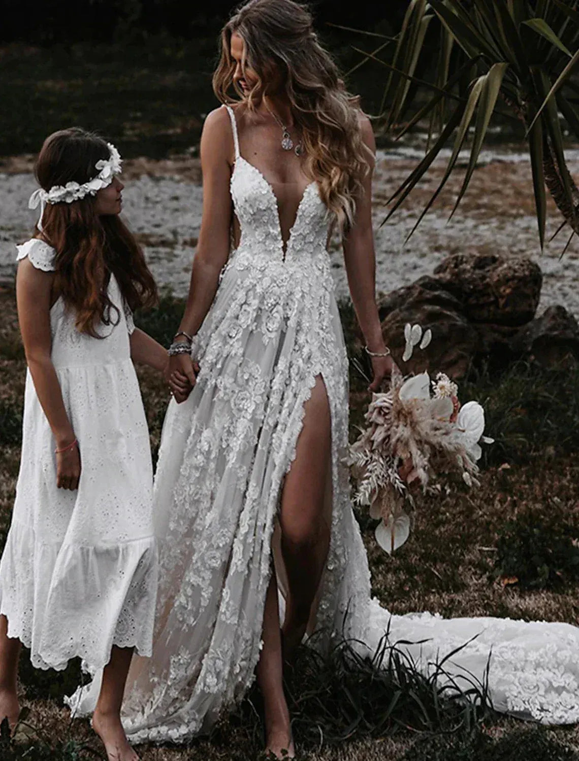 Spaghetti‑Strap Deep‑Plunge 3D‑Floral‑Lace A‑Line Wedding Dress With High‑Slit & Low‑V‑Back Detail