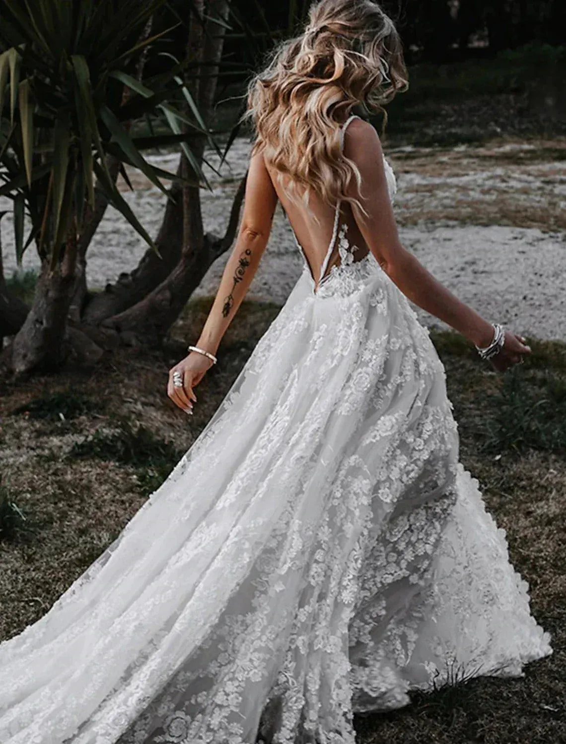 Spaghetti‑Strap Deep‑Plunge 3D‑Floral‑Lace A‑Line Wedding Dress With High‑Slit & Low‑V‑Back Detail