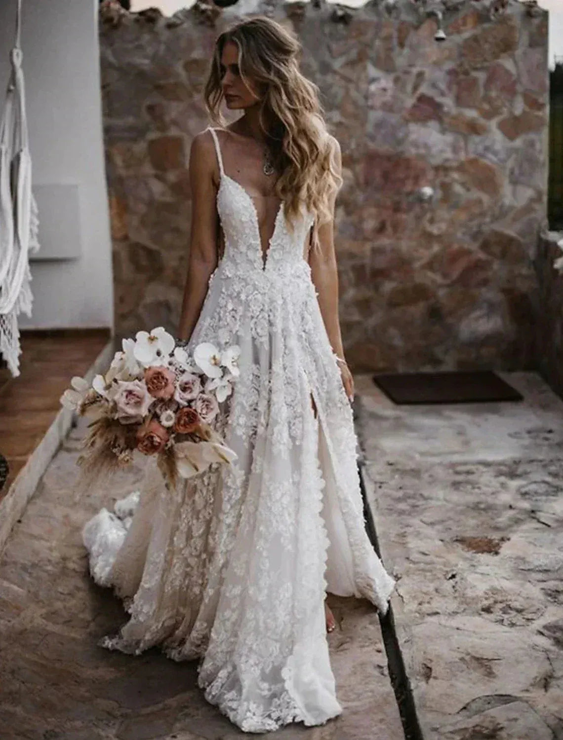 Spaghetti‑Strap Deep‑Plunge 3D‑Floral‑Lace A‑Line Wedding Dress With High‑Slit & Low‑V‑Back Detail