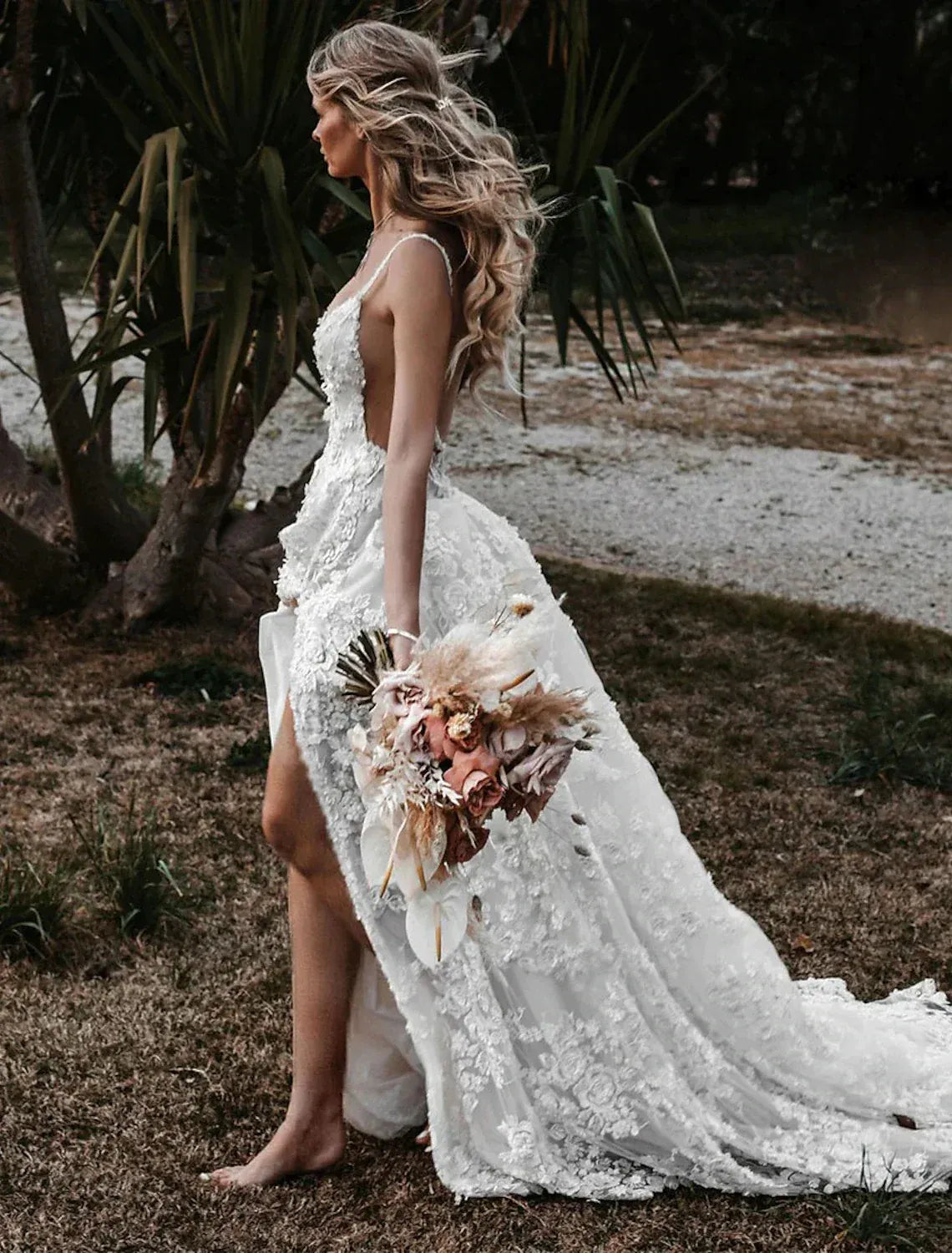 Spaghetti‑Strap Deep‑Plunge 3D‑Floral‑Lace A‑Line Wedding Dress With High‑Slit & Low‑V‑Back Detail