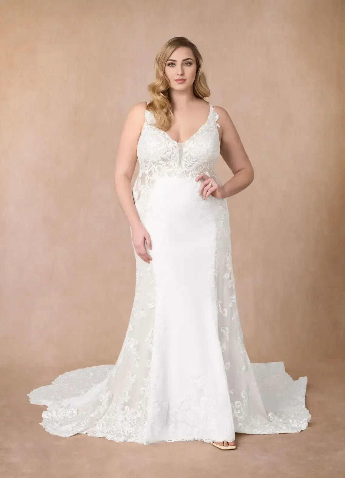 Spaghetti Strap Deep V Back Floral Lace Plus Size Mermaid Wedding Dress With Scalloped Chapel Train