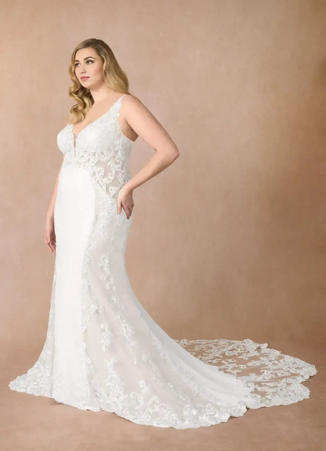 Spaghetti Strap Deep V Back Floral Lace Plus Size Mermaid Wedding Dress With Scalloped Chapel Train