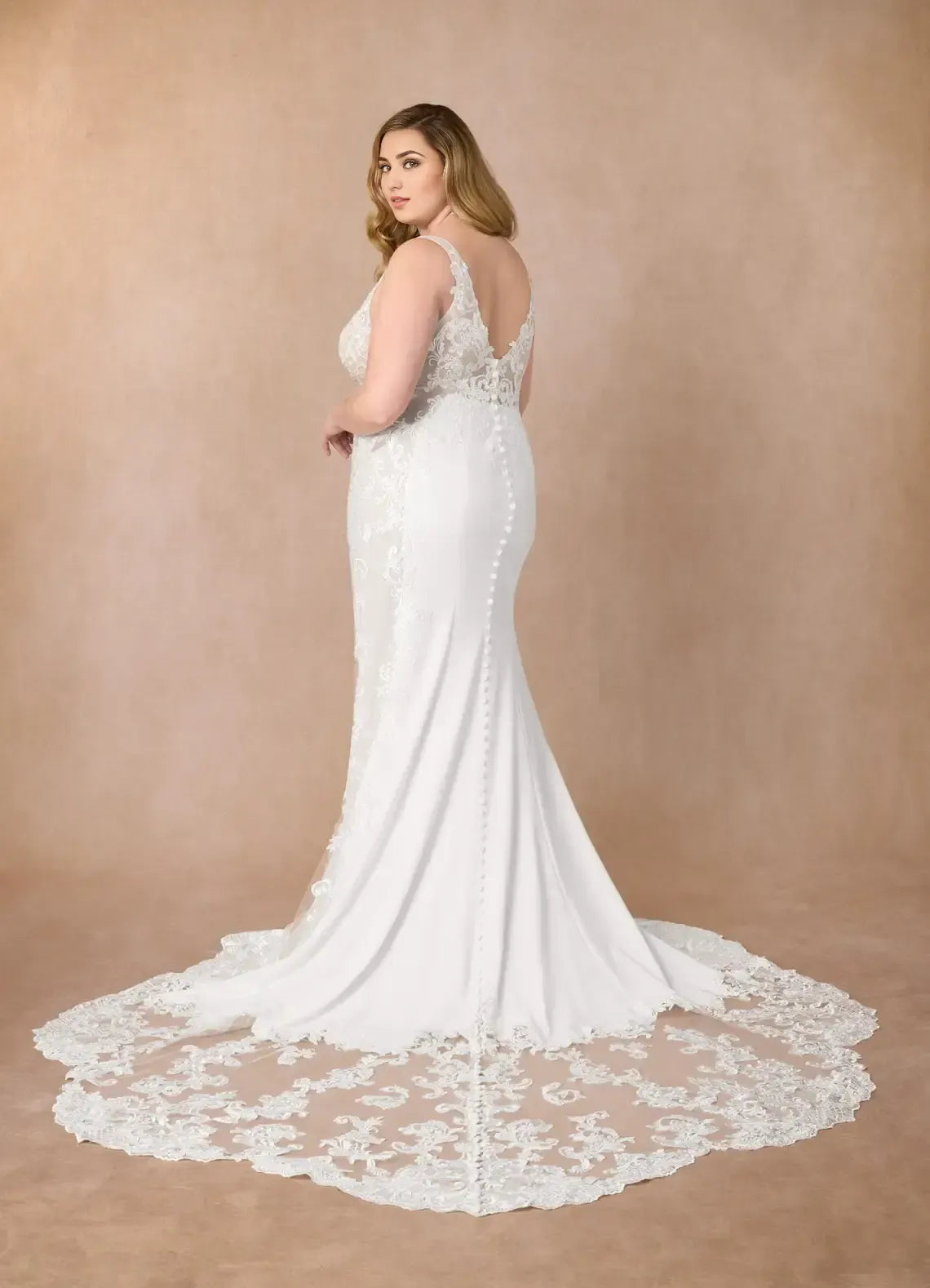 Spaghetti Strap Deep V Back Floral Lace Plus Size Mermaid Wedding Dress With Scalloped Chapel Train