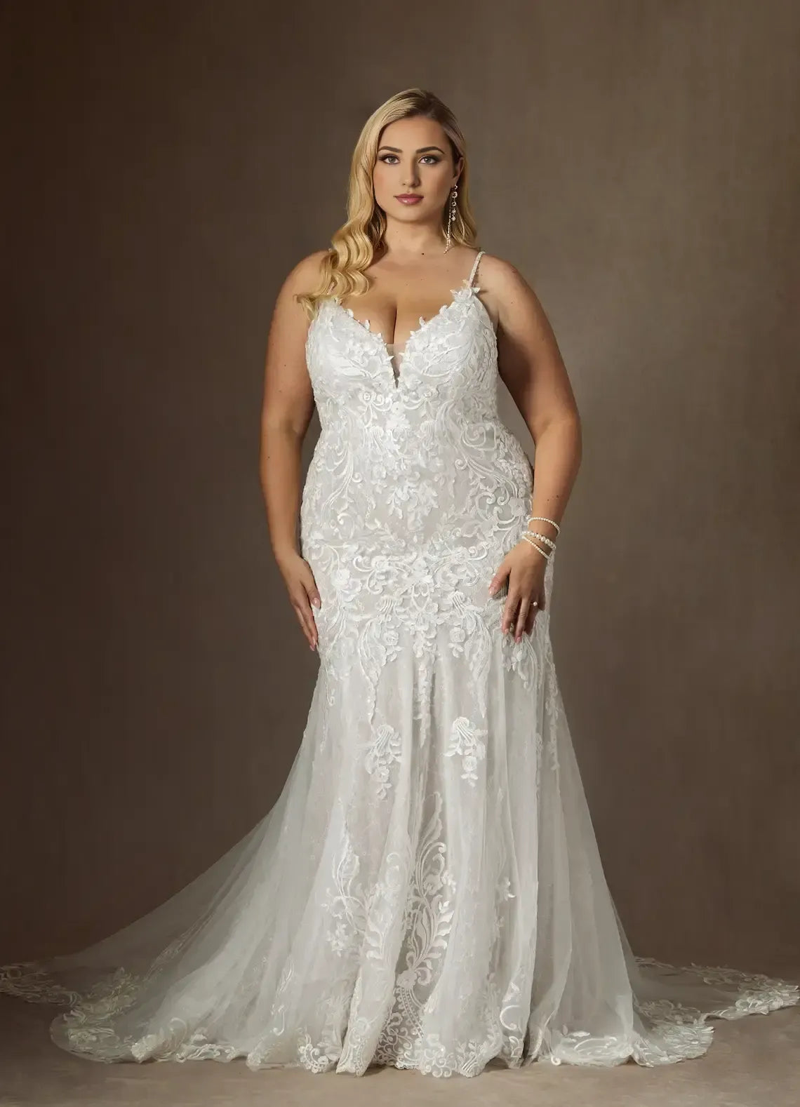 Spaghetti Strap Deep V Back Floral Lace Plus Size Mermaid Wedding Dress With Scalloped Train