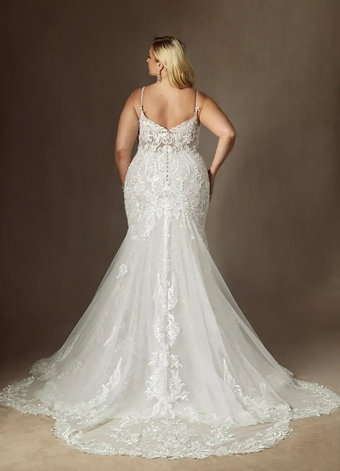 Spaghetti Strap Deep V Back Floral Lace Plus Size Mermaid Wedding Dress With Scalloped Train