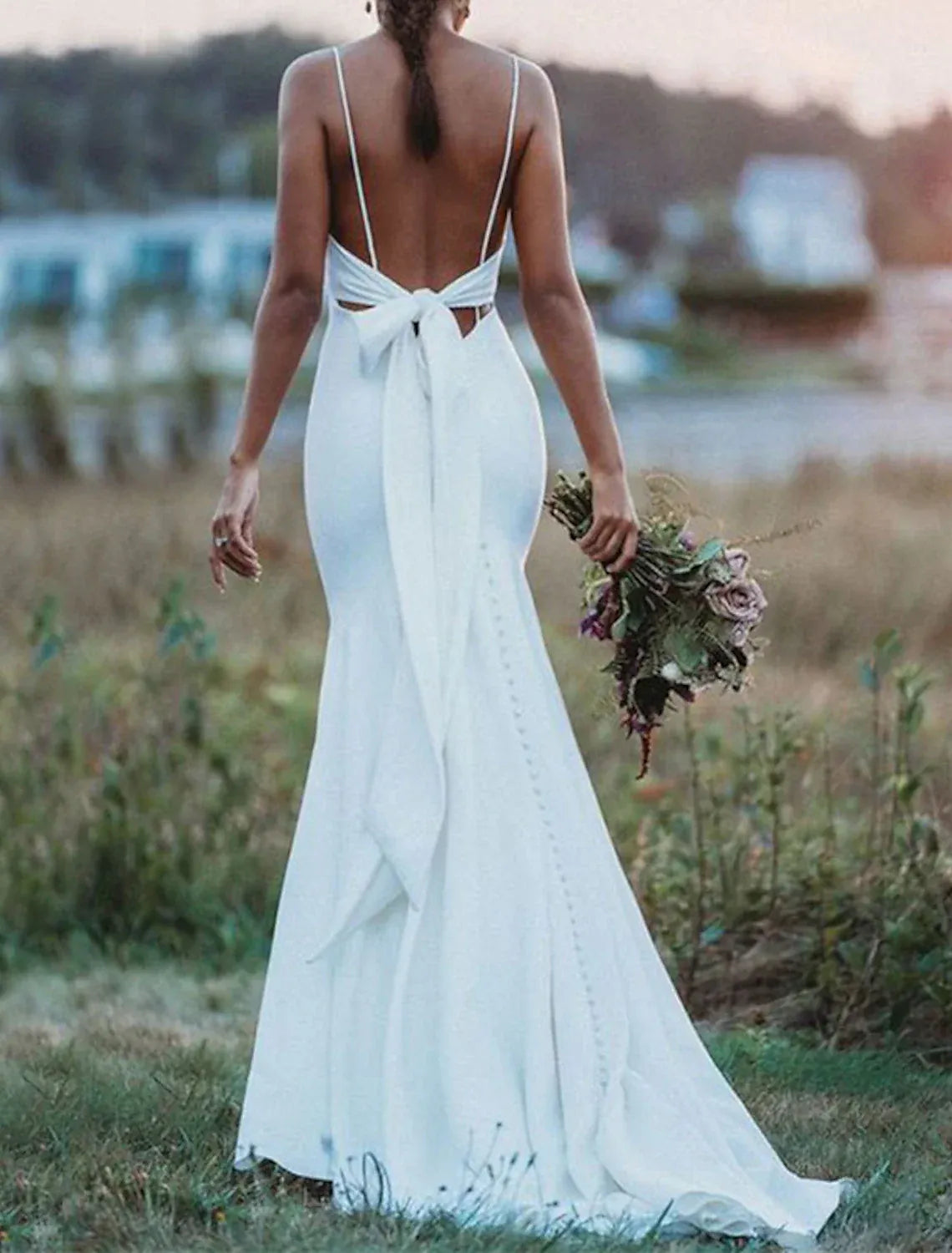 Spaghetti‑Strap Deep‑V Crepe Mermaid Wedding Dress With Open‑Back Bow & Pearl‑Button Train
