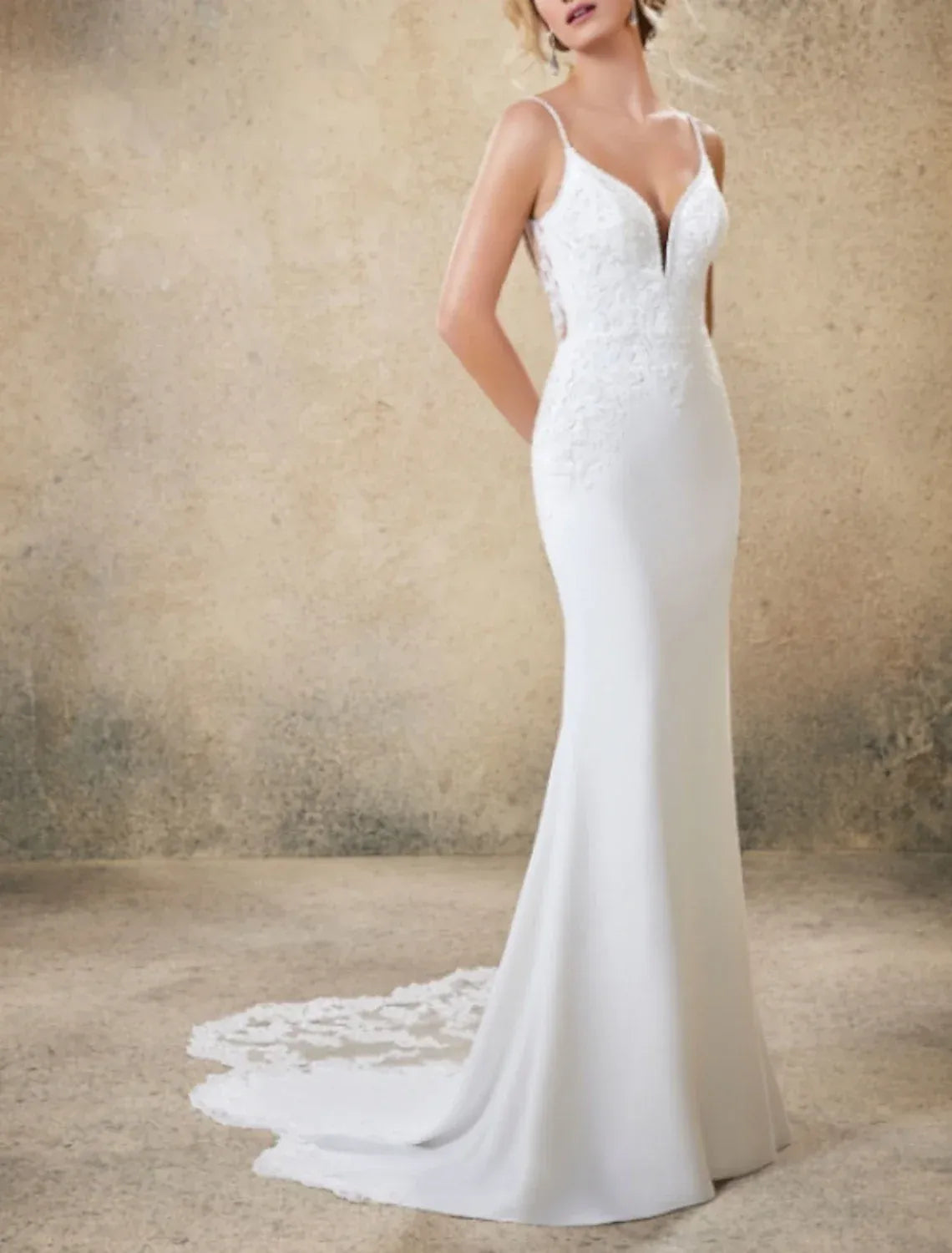 Spaghetti‑Strap Deep‑V Lace‑Appliqué Crepe Mermaid Wedding Dress With Low Back & Scalloped Train