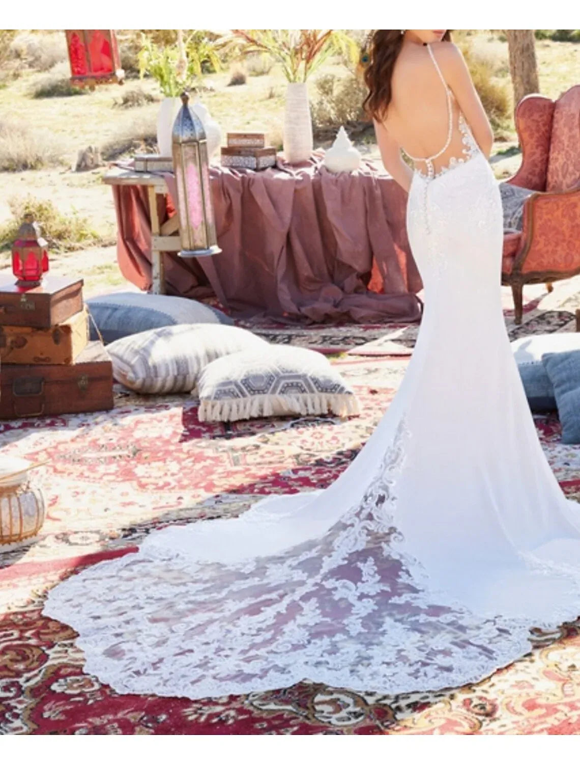 Spaghetti‑Strap Deep‑V Lace‑Appliqué Crepe Mermaid Wedding Dress With Low Back & Scalloped Train