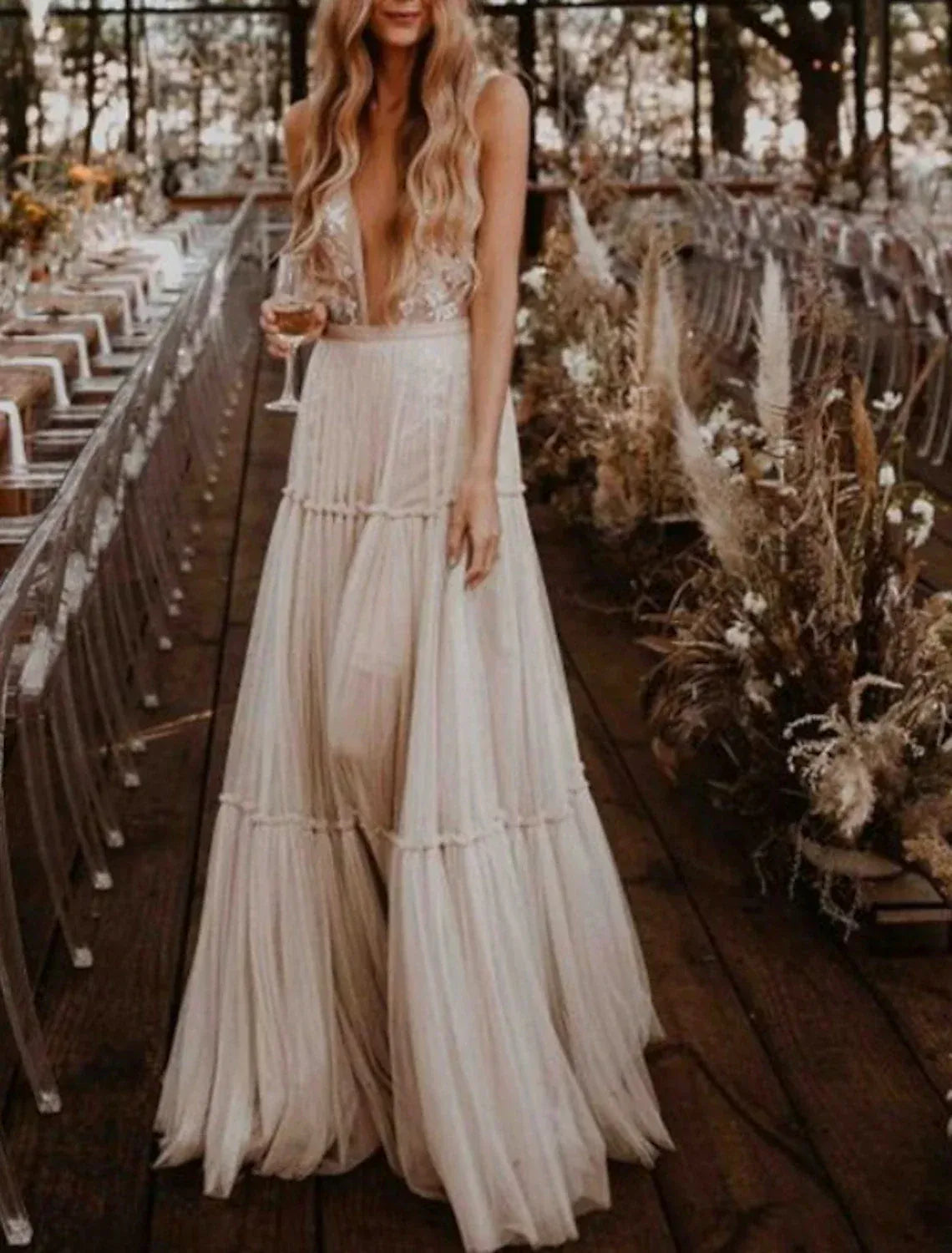 Spaghetti Strap Deep V Lace Tiered Tulle A Line Wedding Dress Low Open Back