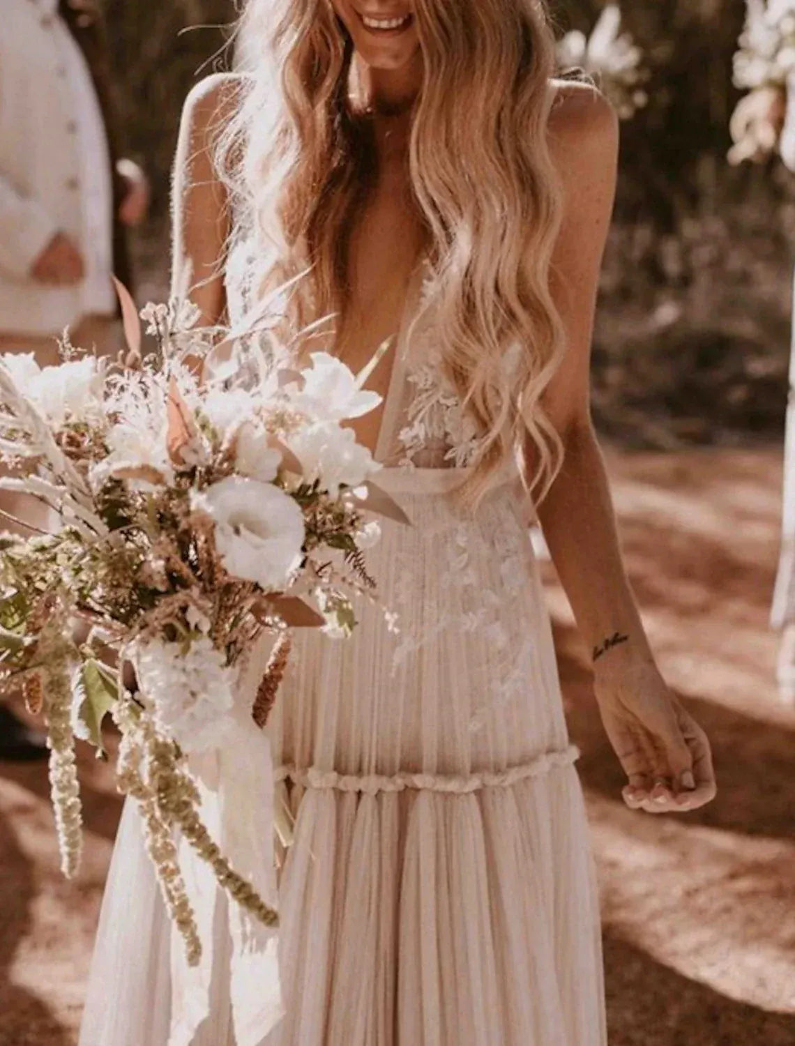 Spaghetti Strap Deep V Lace Tiered Tulle A Line Wedding Dress Low Open Back