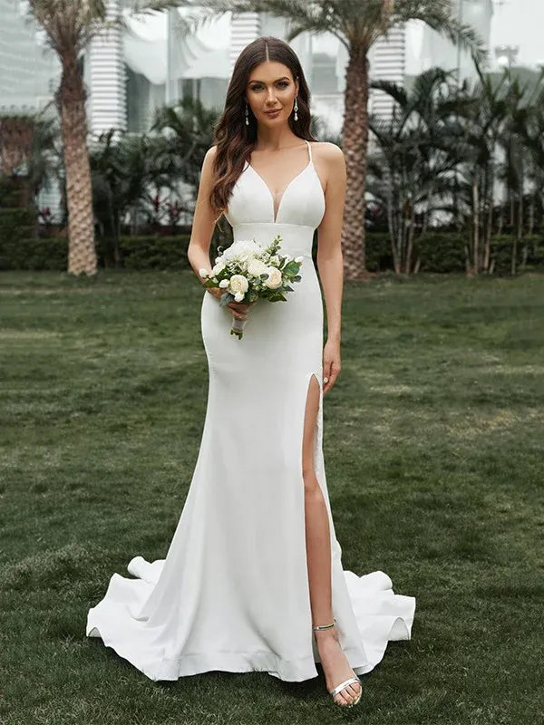 Spaghetti‑Strap Deep‑V‑Neck Crepe Mermaid Wedding Dress With High‑Slit & Low‑Back Pearl‑Button Detail